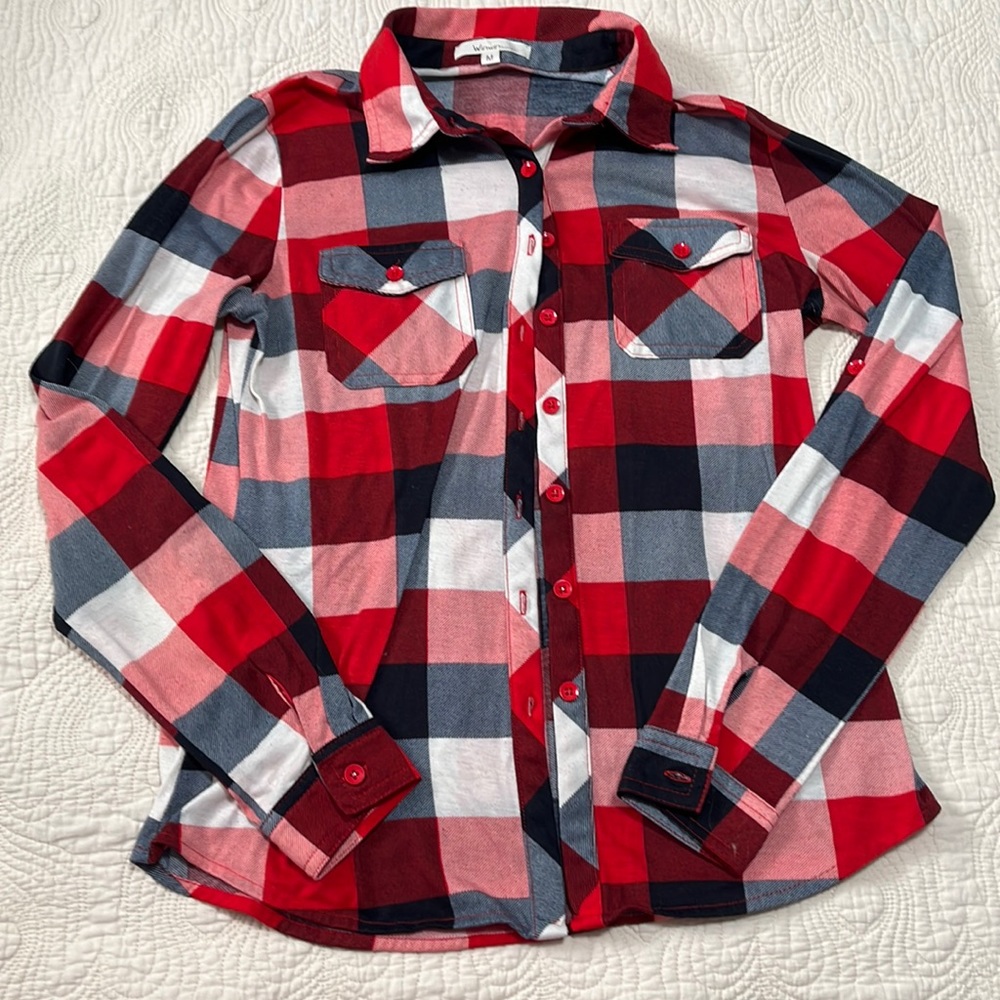 WinWin apparel red navy and white button down flannel